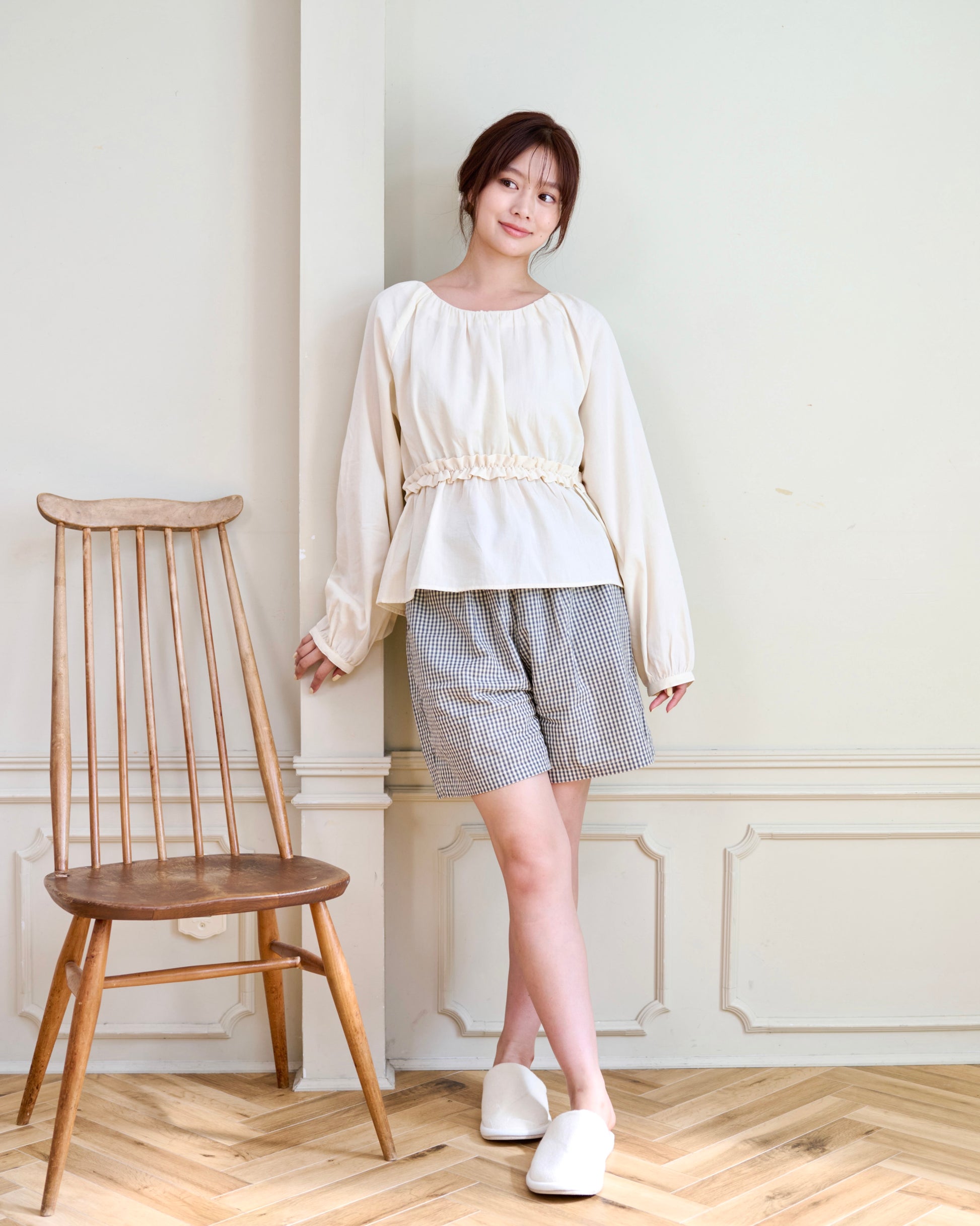 waist frill blouse & checked pants set〈11月下旬〜12月上旬お届け〉