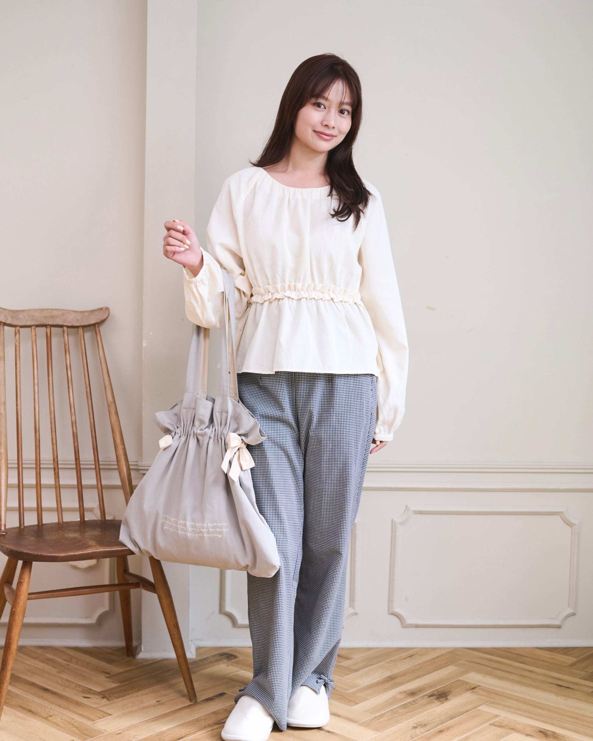 waist frill blouse & checked pants set〈11月下旬〜12月上旬お届け〉