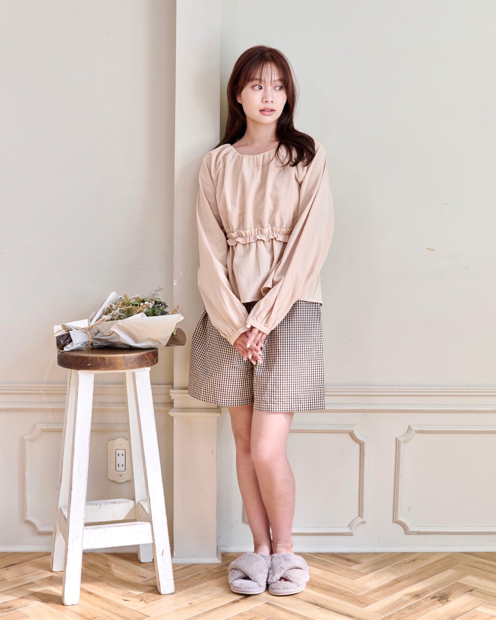 waist frill blouse & checked pants set〈11月下旬〜12月上旬お届け〉
