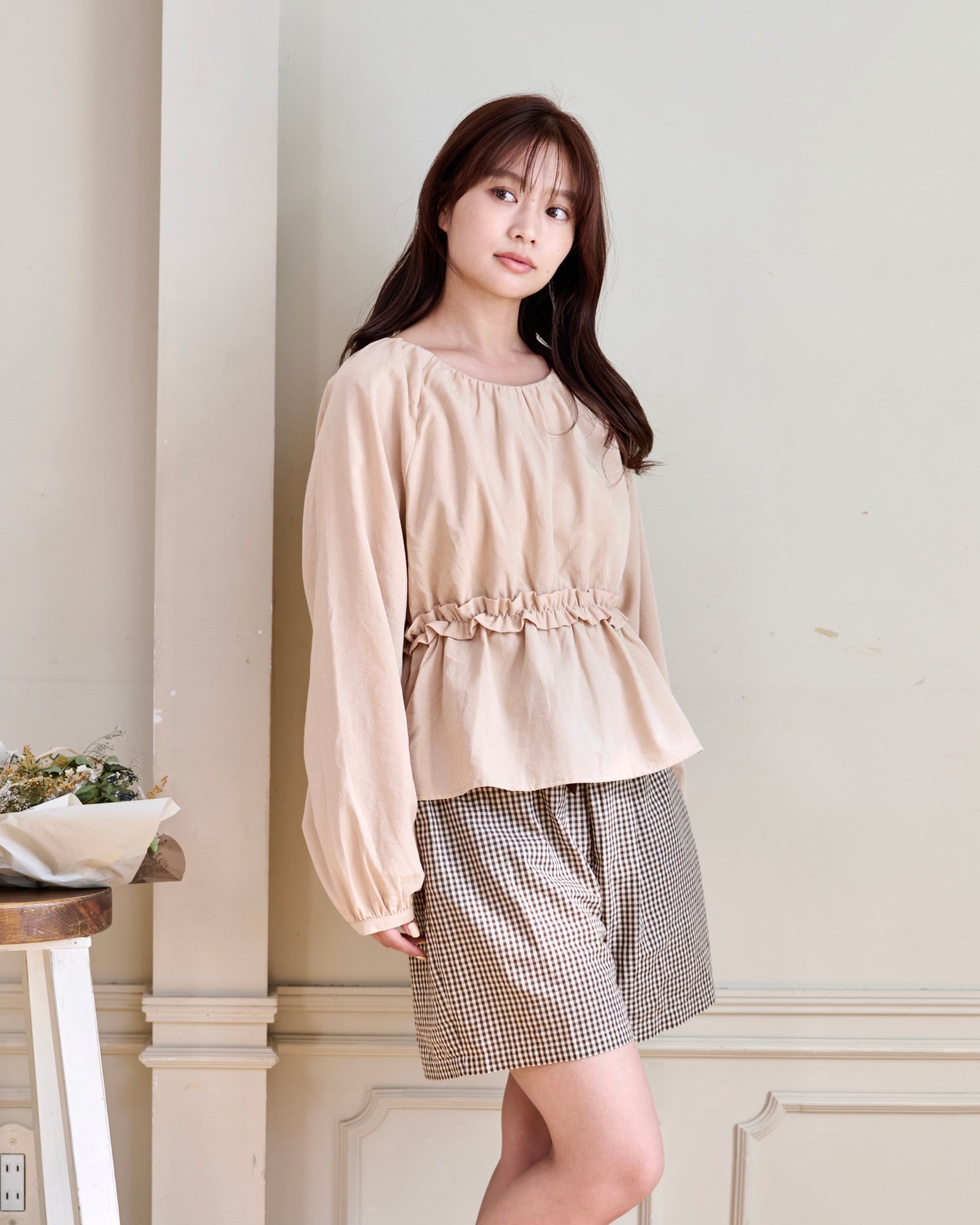 waist frill blouse & checked pants set〈11月下旬〜12月上旬お届け〉