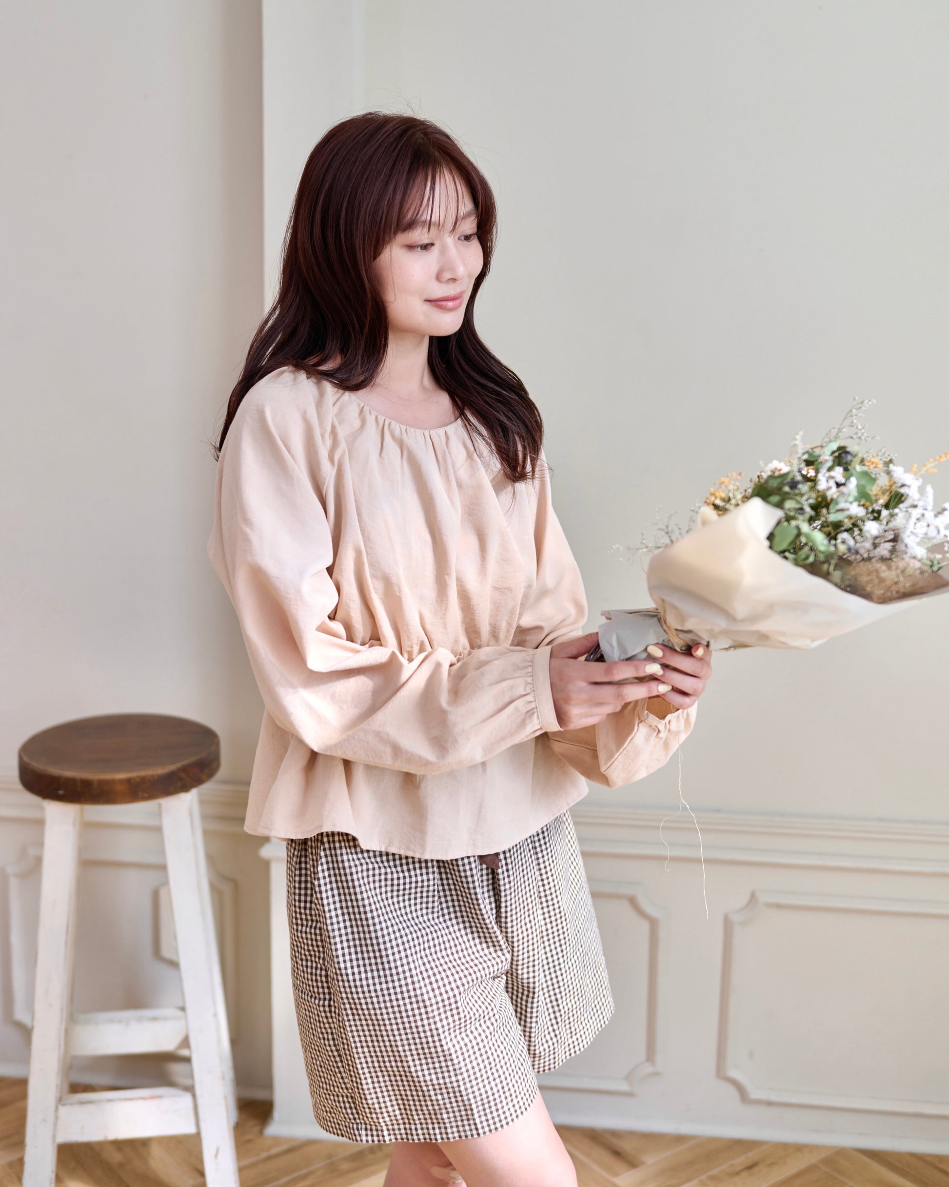 waist frill blouse & checked pants set〈11月下旬〜12月上旬お届け〉