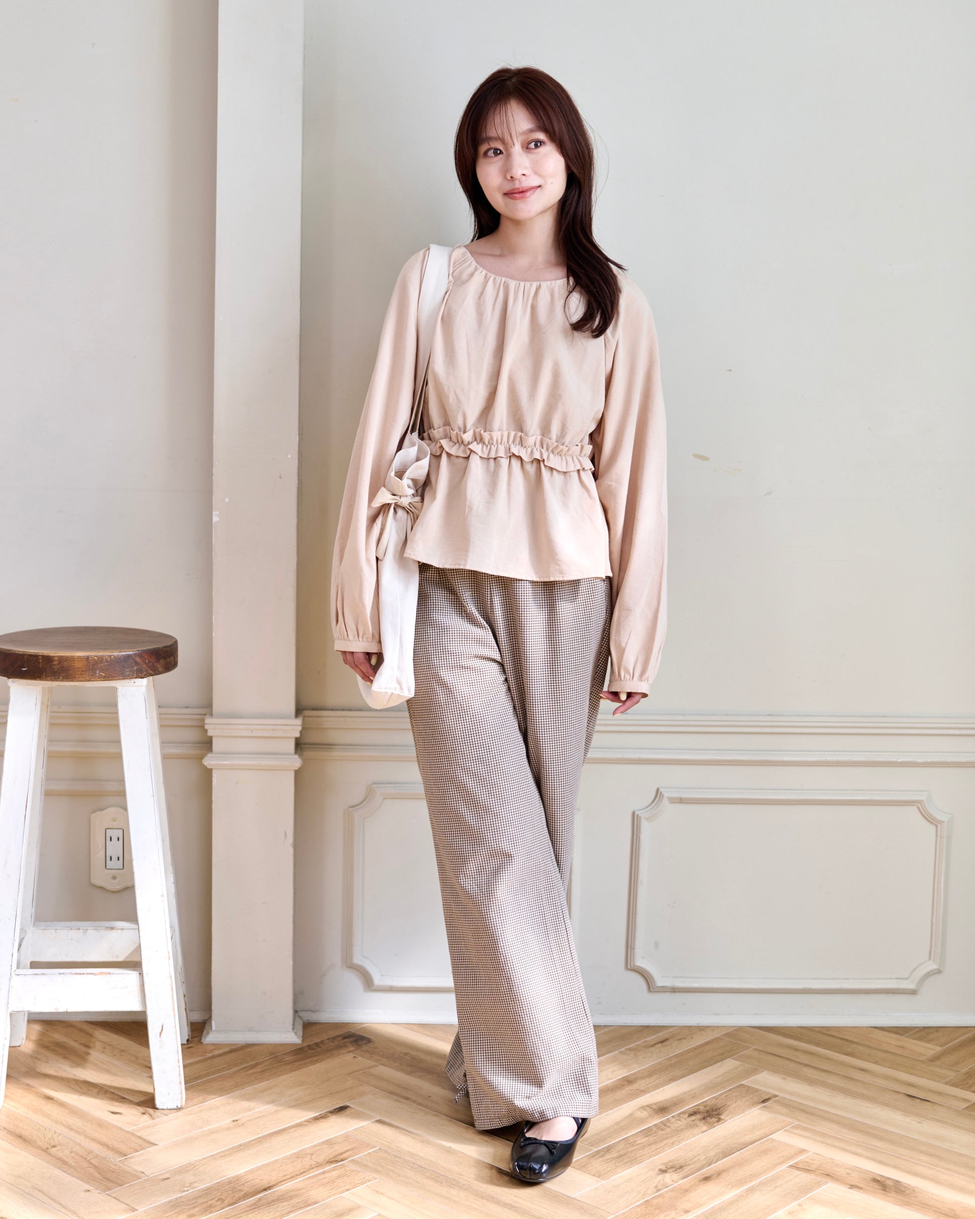 waist frill blouse & checked pants set〈11月下旬〜12月上旬お届け〉