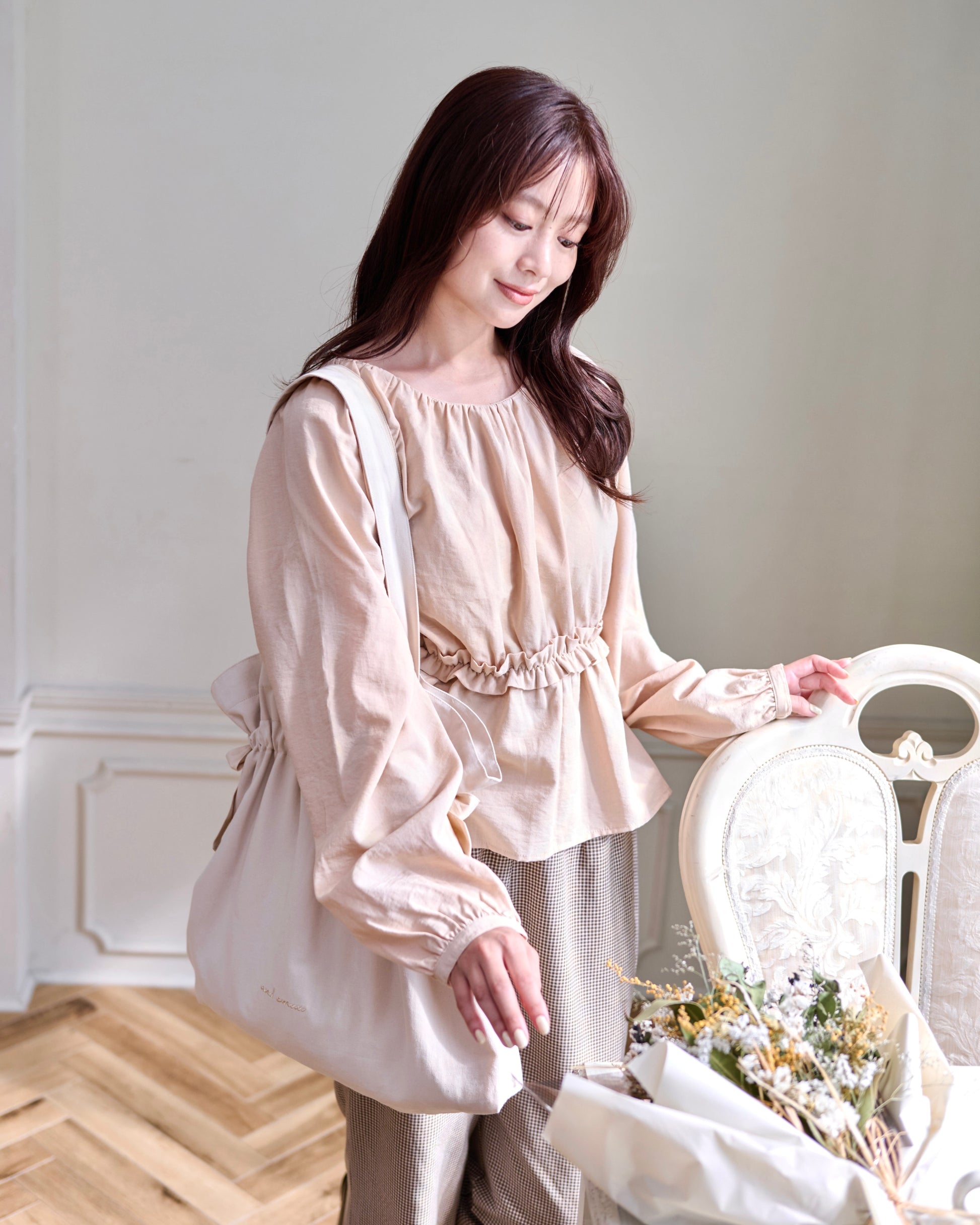 waist frill blouse & checked pants set〈11月下旬〜12月上旬お届け〉