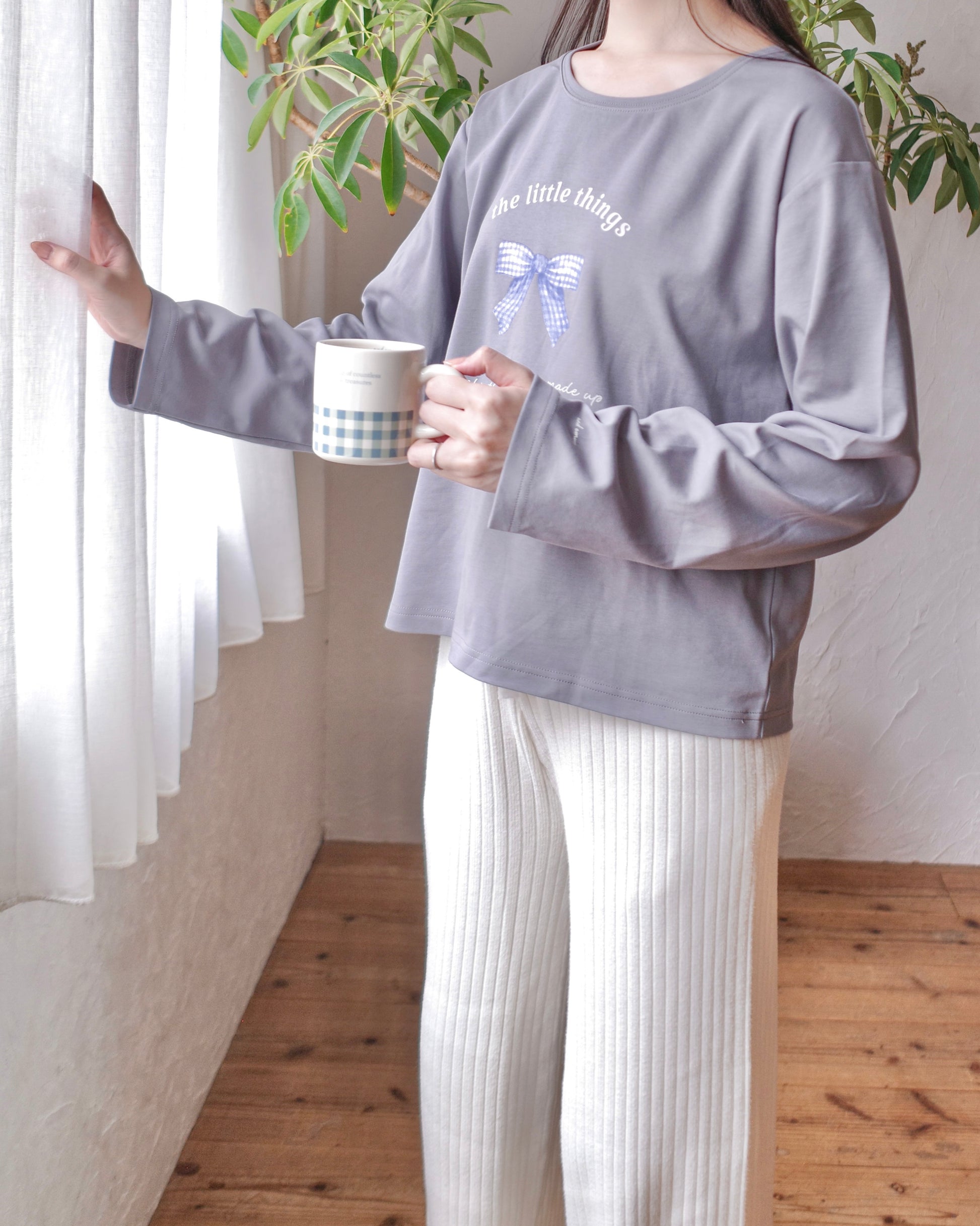 gingham ribbon long sleeve tee〈12月下旬〜1月上旬お届け〉