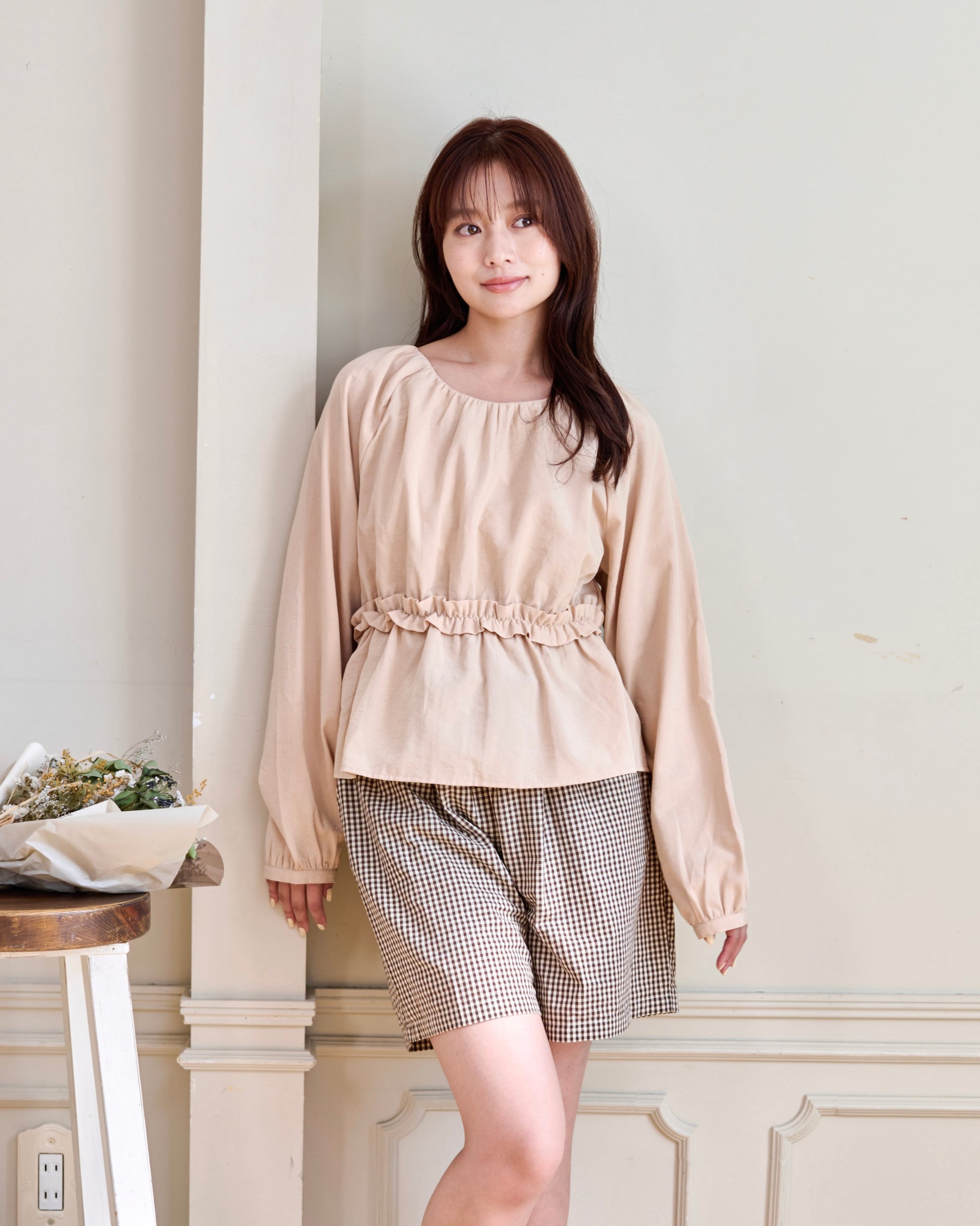 waist frill blouse & checked pants set〈11月下旬〜12月上旬お届け〉